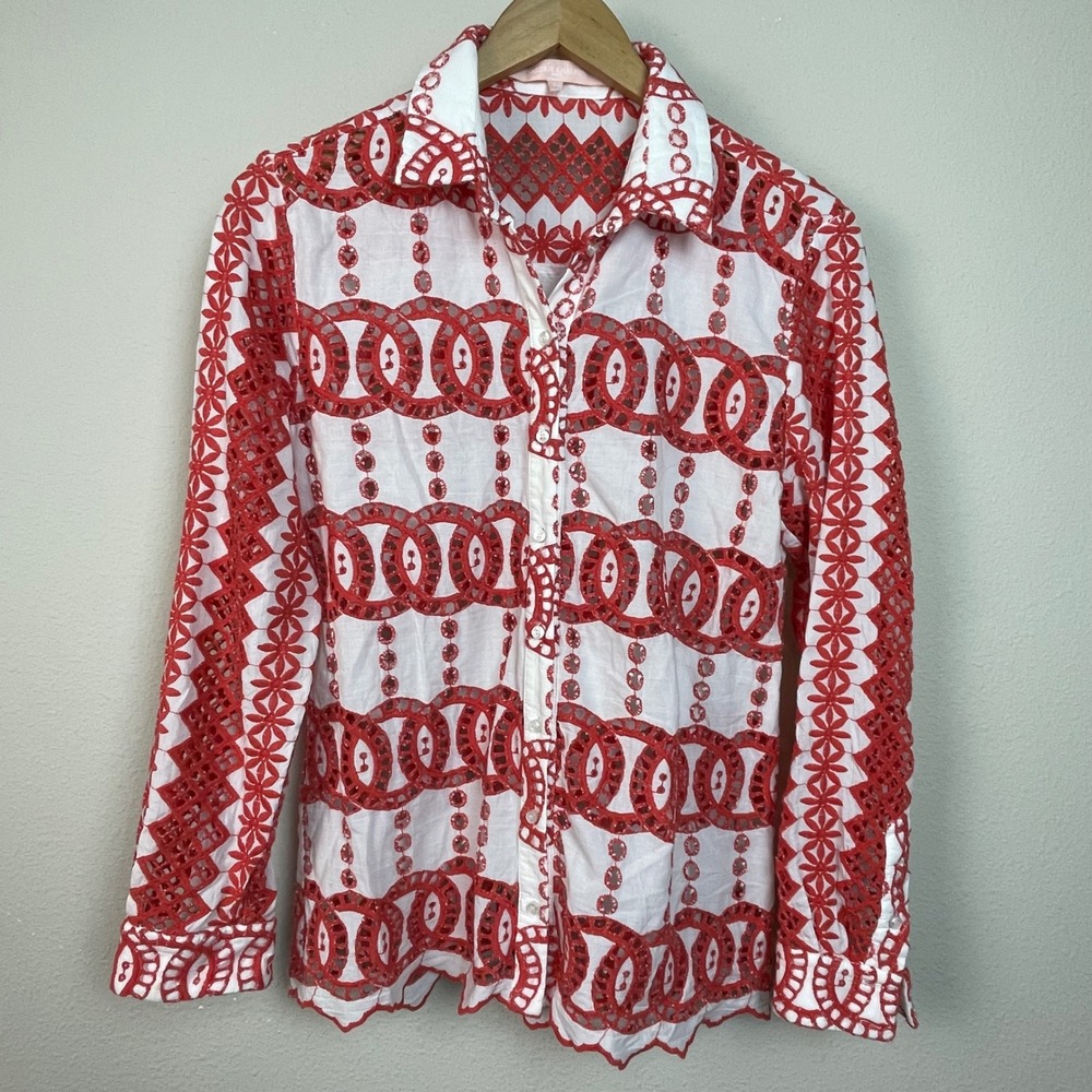 Valerie Khalfon Paris Boho Red White Eyelet Embroidered Button‎ Up 12 Top Shirt